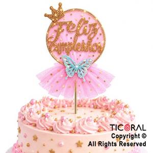 CAKE TOPPER FELIZ CUMPLEA�OS CIRCULO ORO CON TUL ROSA